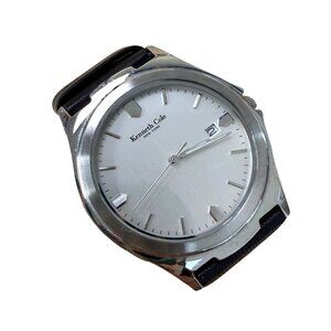 Kenneth Cole Mens Silver Watch With Black Leather Band Analog Date Display